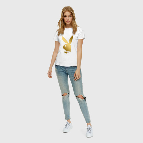 Женская футболка хлопок с принтом PLAYBOY GOLD | ЗОЛОТОЙ ПЛЕЙБОЙ (Z), вид сбоку #3