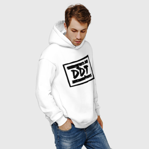 Мужское худи Oversize хлопок ДДТ Лого DDT Logo, цвет белый - фото 7