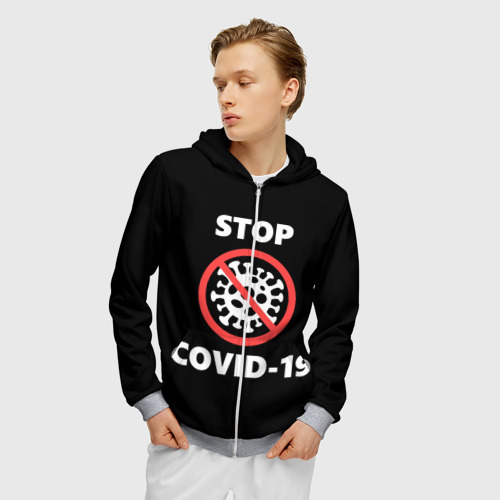 Мужская толстовка 3D на молнии STOP COVID-19 (коронавирус), цвет меланж - фото 3