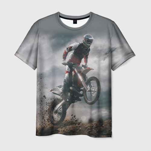 Мужская футболка с принтом Мотокросс КТМ motocross KTM +спина, вид спереди №1
