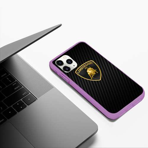 Чехол для iPhone 11 Pro Max матовый Lamborghini logo n carbone, цвет фиолетовый - фото 5