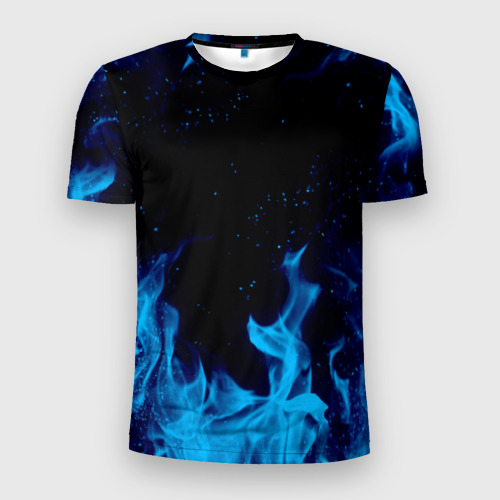 Мужская футболка 3D Slim с принтом СИНИЙ ОГОНЬ | BLUE FIRE, вид спереди #2