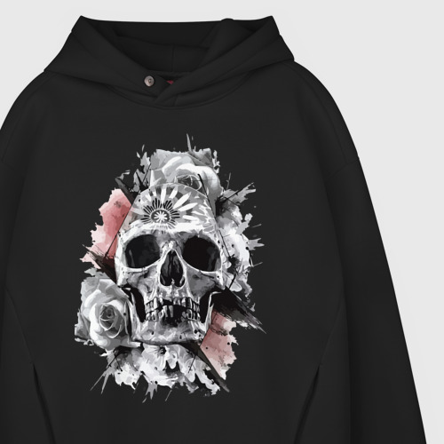 Мужское худи Oversize хлопок Vanguard skull and flowers, цвет черный - фото 4