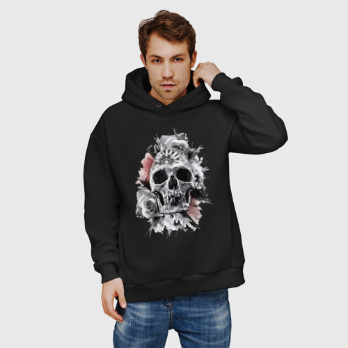 Мужское худи Oversize хлопок Vanguard skull and flowers, цвет черный - фото 3