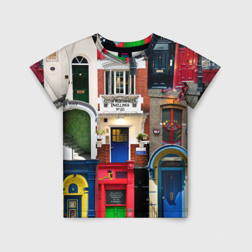 Детская футболка с принтом London Doors цифровой коллаж, вид спереди №1