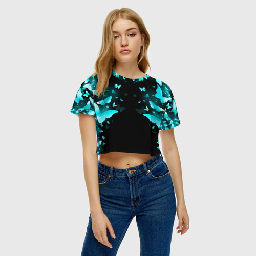 Женская футболка Crop-top 3D Неоновые бабочки neon, цвет 3D печать - фото 3