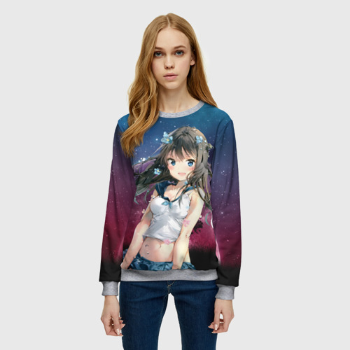 Женский свитшот 3D с принтом Аниме девочка на фоне Луны, фото на моделе #1