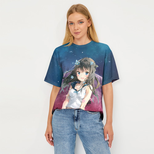 Женская футболка oversize 3D Аниме девочка на фоне Луны, цвет 3D печать - фото 5
