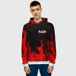 Толстовка с принтом Mass Effect N7 red fire Масс эффект Н7 огонь для мужчины, вид на модели спереди №2. Цвет основы: белый