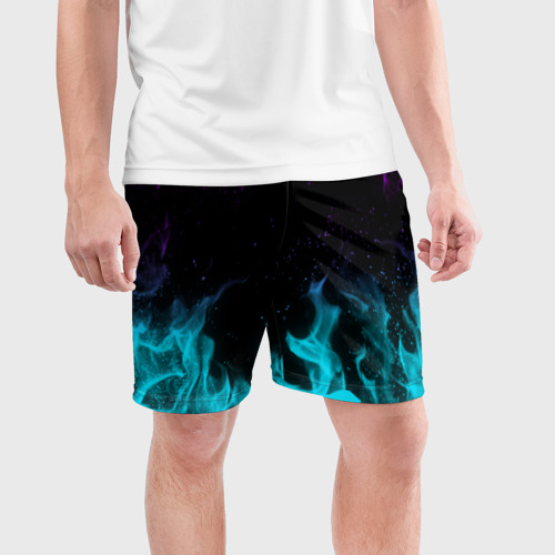 Мужские шорты спортивные с принтом Неоновый огонь neon fire, фото на моделе #1