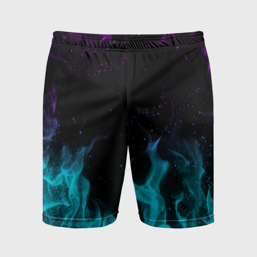 Мужские шорты спортивные с принтом Неоновый огонь neon fire, вид спереди #2