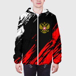 Куртка с принтом Россия для мужчины, вид на модели спереди №3. Цвет основы: белый