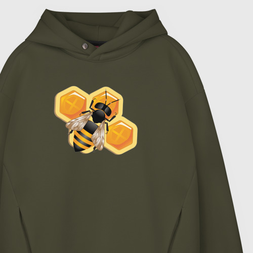 Мужское худи Oversize хлопок Пчела на соте, цвет хаки - фото 4