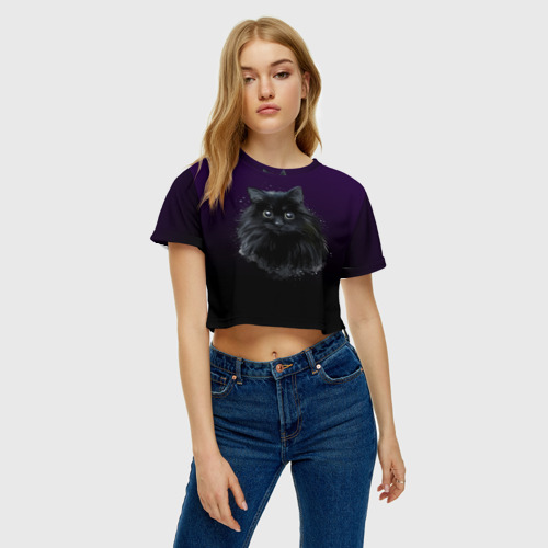 Женская футболка Crop-top 3D Черный кот на фиолетовом фоне, цвет 3D печать - фото 3