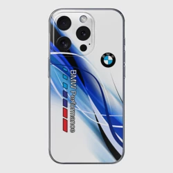 Чехол для iPhone 15 Pro силиконовый с защитой камеры BMW волны - blue-white