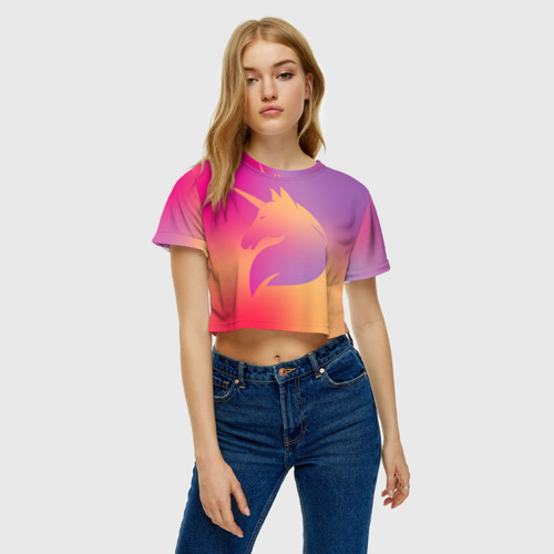 Женская футболка Crop-top 3D Unicorn gradient, цвет 3D печать - фото 4