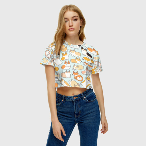 Женская футболка Crop-top 3D Милые корги, цвет 3D печать - фото 3