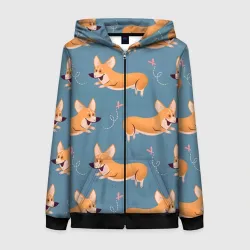 Женская толстовка 3D на молнии Корги с бабочкой