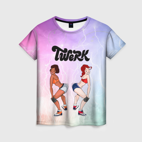 Женская футболка с принтом Тверк черненькой и беленькой девушек, вид спереди №1