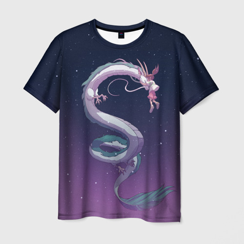 Мужская футболка с принтом Тихиро летает с драконом в ночном небе, вид спереди №1