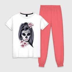 Женская пижама с белой футболкой хлопок Санта Муэрте