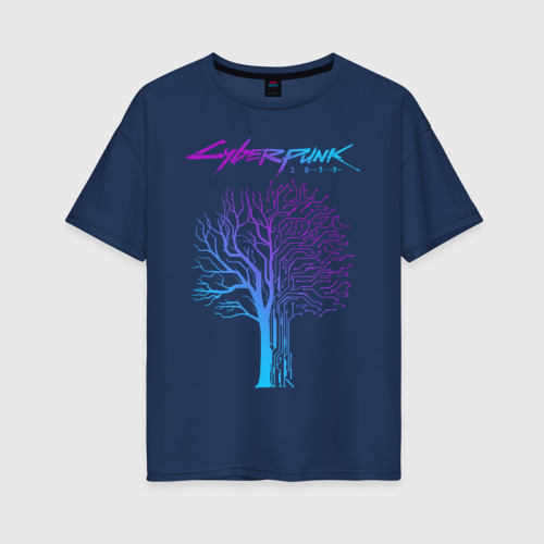 Женская футболка хлопок Oversize Дерево Cyberpunk 2077, цвет темно-синий
