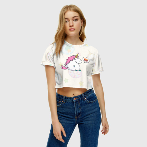 Женская футболка Crop-top 3D Пухленький единорог, цвет 3D печать - фото 4