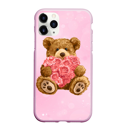 Чехол для iPhone 11 Pro Max матовый Плюшевый медведь  с сердечком, цвет розовый