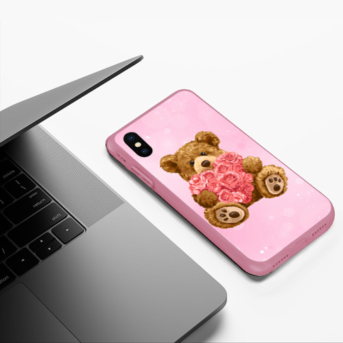 Чехол для iPhone XS Max матовый Плюшевый медведь  с сердечком, цвет малиновый - фото 5