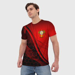 Мужская футболка 3D С гербом СССР на красном с гексагонами - фото 2
