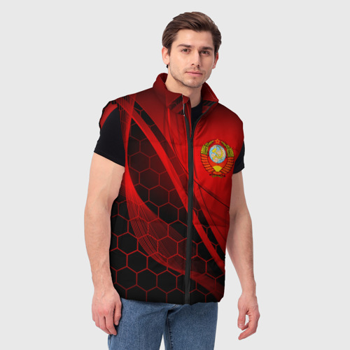 Мужской жилет утепленный 3D С гербом СССР на красном с гексагонами, цвет красный - фото 3