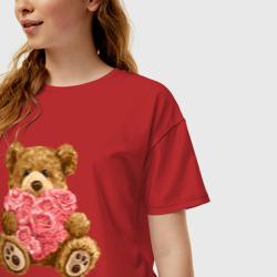 Женская футболка хлопок Oversize Плюшевый медведь с сердечком - фото 2