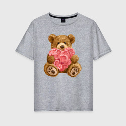 Женская футболка хлопок Oversize Плюшевый медведь с сердечком