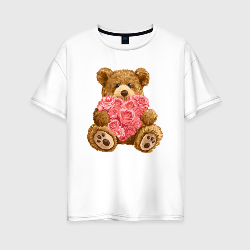 Женская футболка оверсайз из хлопка с принтом Плюшевый медведь с сердечком, вид спереди №1