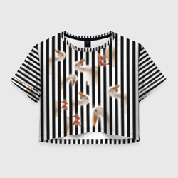 Женская футболка Crop-top 3D Гуси паттерн с полосами вертикальными