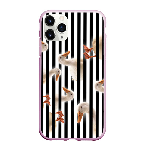 Чехол для iPhone 11 Pro матовый Гуси паттерн с полосами вертикальными, цвет розовый
