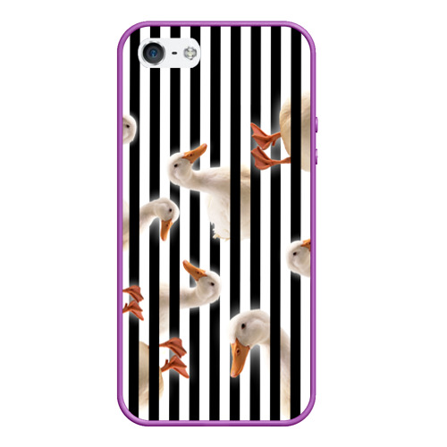 Чехол для iPhone 5/5S матовый Гуси паттерн с полосами вертикальными, цвет фиолетовый