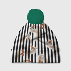 Шапка 3D c помпоном Гуси паттерн с полосами вертикальными