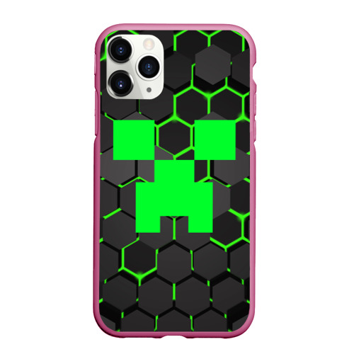 Чехол для iPhone 11 Pro Max матовый Minecraft Creeper Крипер, цвет малиновый