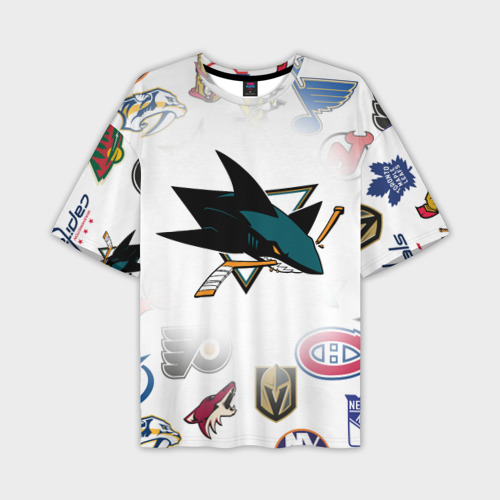 Мужская футболка оверсайз с принтом San Jose Sharks NHL teams pattern, вид спереди №1