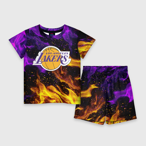 Детский костюм с шортами с принтом LA Lakers, вид спереди №1