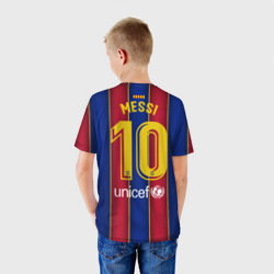 Футболка с принтом Messi home 20-21 для ребенка, вид на модели сзади №2. Цвет основы: белый
