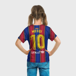 Футболка с принтом Messi home 20-21 для ребенка, вид на модели сзади №3. Цвет основы: белый