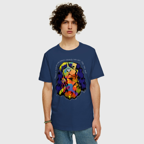 Мужская футболка хлопок Oversize Берегись кавалер Кинг спаниеля, цвет темно-синий - фото 3