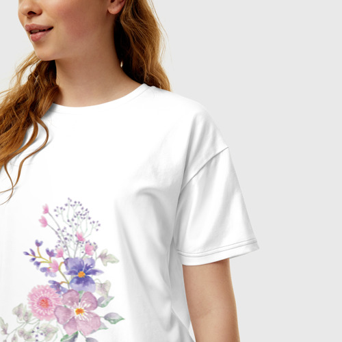 Женская футболка хлопок Oversize Акварельный цветы, цвет белый - фото 3