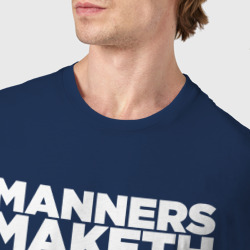 Футболка с принтом Manners maketh man для женщины, вид на модели спереди №4. Цвет основы: темно-синий