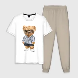 Мужская пижама с белой футболкой хлопок Модный плюшевый медведь