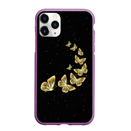 Чехол для iPhone 11 Pro Max матовый Golden Butterfly in Space, цвет фиолетовый