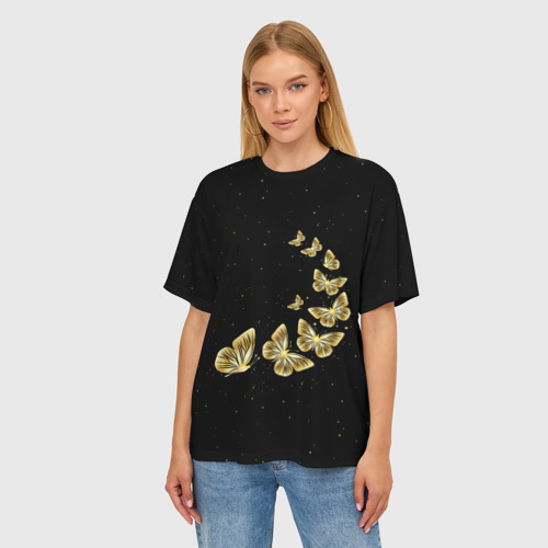 Женская футболка oversize 3D Golden Butterfly in Space, цвет 3D печать - фото 3