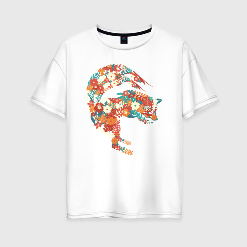 Женская футболка из хлопка оверсайз с принтом Лисичка из цветов, вид спереди №1